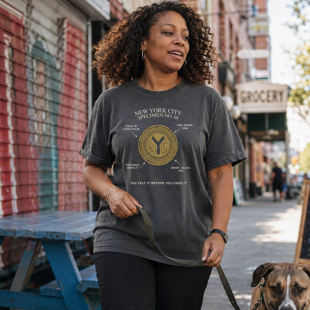 A woman walking a dog on a leash wearing a Pepper colored t-shirt with New York City token design.