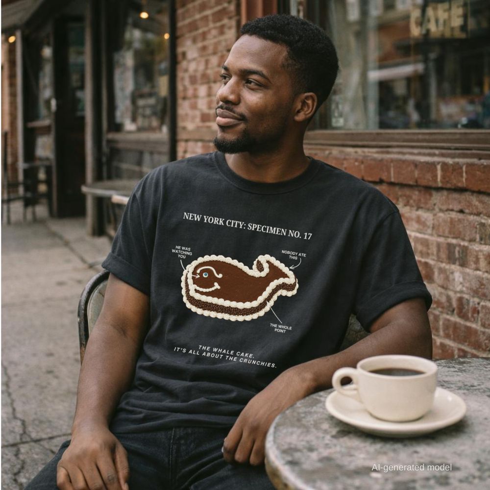A man wearing a black Comfort Colors T-shirt with NYC whale cake specimen front print, sitting with a coffee on a chair outside. 