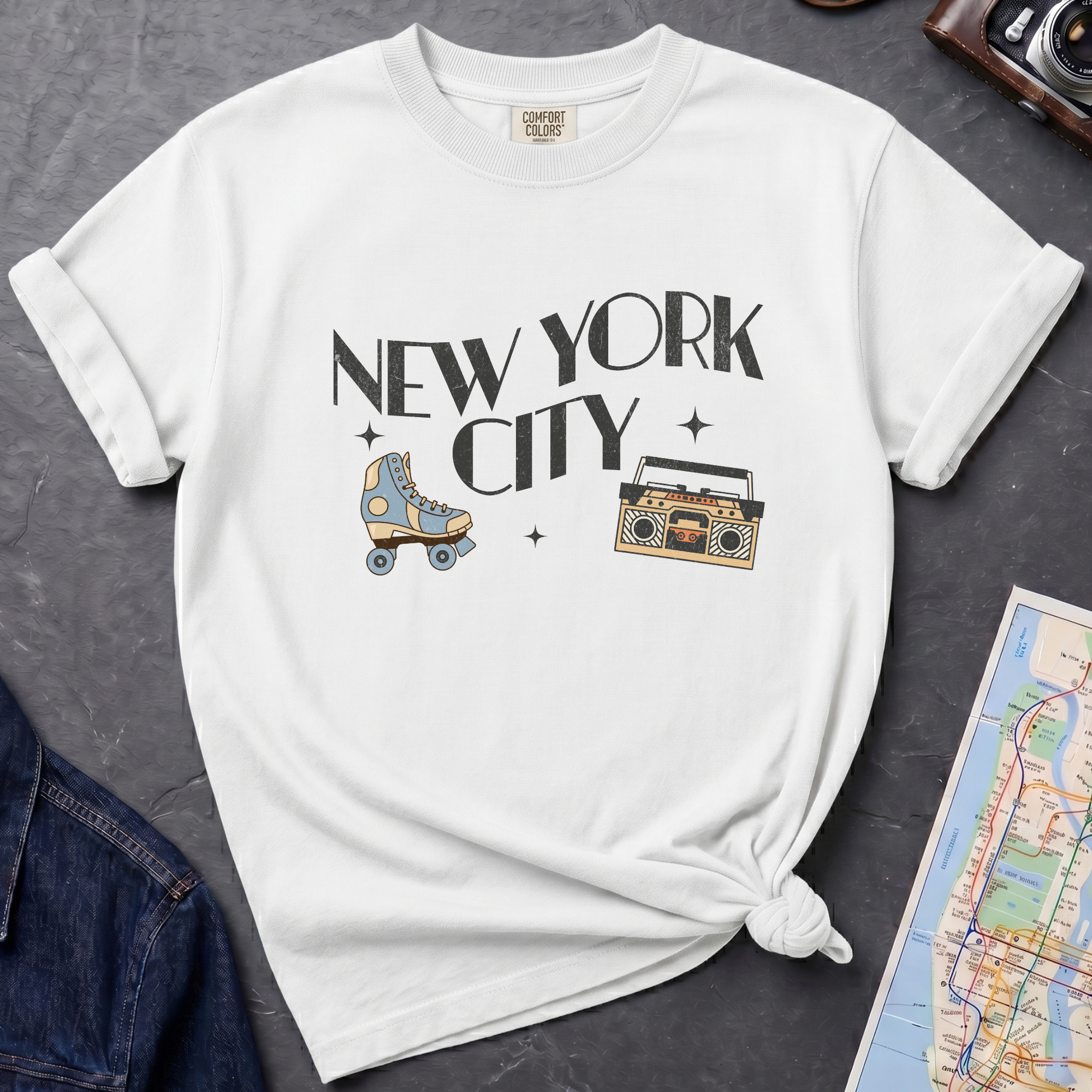 Retro Old School NYC Roller Skates and Boombox T-Shirt Vintage Style T-Shirt