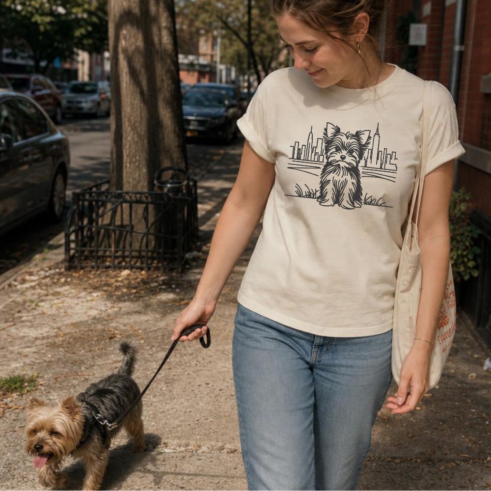 Woman walking a Yorkshire Terrier on a leash in an urban setting, wearing an Ivory Comfort Colors t-shirt featuring a minimalist Yorkshire Terrier (Yorkie) illustration in front of the New York City skyline.