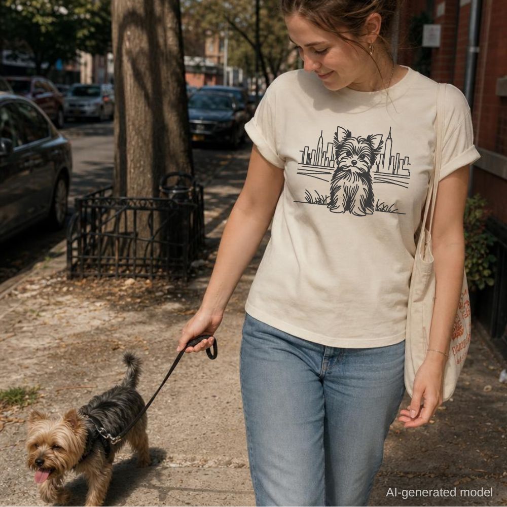 Woman walking a Yorkshire Terrier on a leash in an urban setting, wearing an Ivory Comfort Colors t-shirt featuring a minimalist Yorkshire Terrier (Yorkie) illustration in front of the New York City skyline.