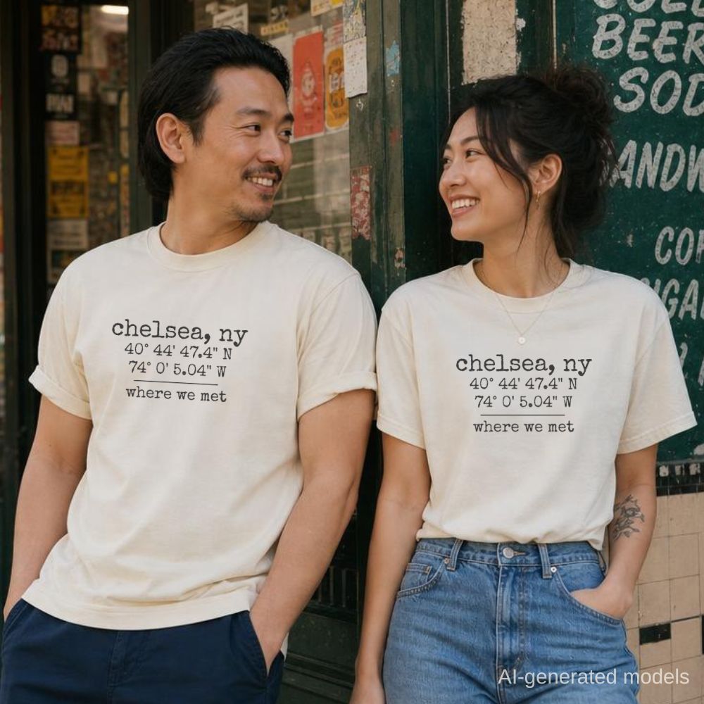 Two people wearing matching Comfort Colors t-shirts with coordinates and text 'where we met' in front of a store.