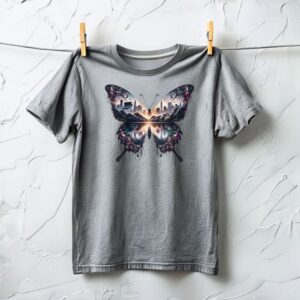 Heather Grey t-shirt hanging on a line with clothespins. It has a Butterfly graphic with the New York City skyline on the wings.