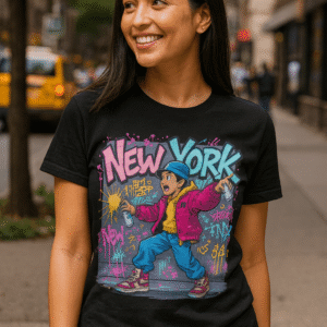 Woman wearing a black t-shirt with a graphic of a boy with a graffiti wall behind him