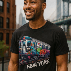 man wearing a black t-shirt with a new york city graffiti train graphic with the words New York