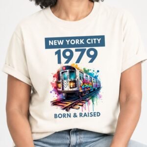Custom NYC subway graffiti birth year tee with Born & Raised text on an ivory shirt.