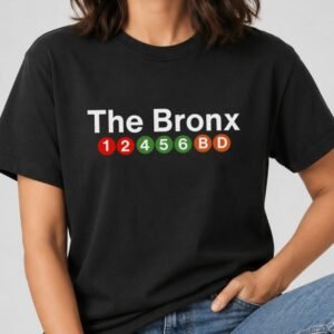 Black t-shirt with The Bronx in white letters above colored NYC subway train bullets: 1, 2, 4, 5, 6, B, D