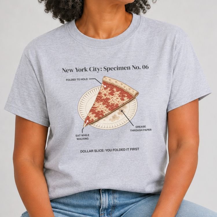 Heather Grey t-shirt with a vintage specimen diagram of a NYC dollar pizza slice on a paper plate, labeled Specimen No. 06