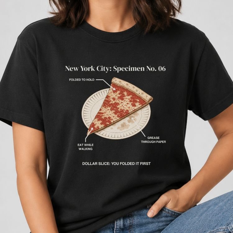 Black t-shirt with a vintage specimen diagram of a NYC dollar pizza slice on a paper plate, labeled Specimen No. 06