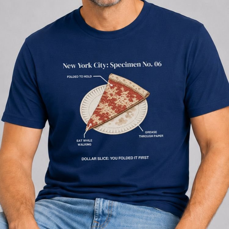 Navy t-shirt with a vintage specimen diagram of a NYC dollar pizza slice on a paper plate, labeled Specimen No. 06