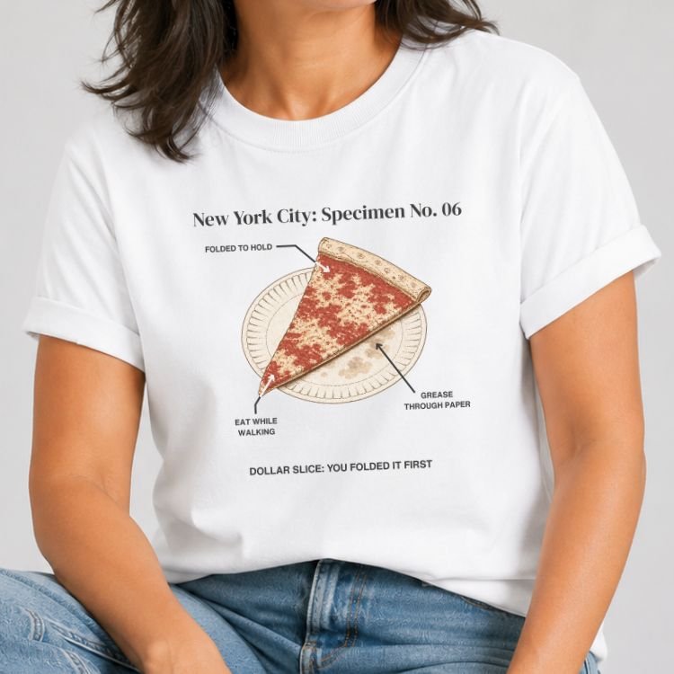 White t-shirt with a vintage specimen diagram of a NYC dollar pizza slice on a paper plate, labeled Specimen No. 06