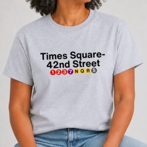 Heather Grey t-shirt with Times Square- 42nd Street subway station sign and colored 1, 2, 3, 7, N, Q, R, S, train bullets.