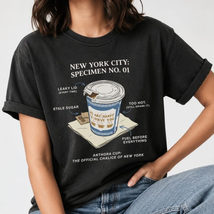 Black t-shirt with a vintage specimen diagram of the blue and white Anthora NYC coffee cup labeled Specimen No. 01