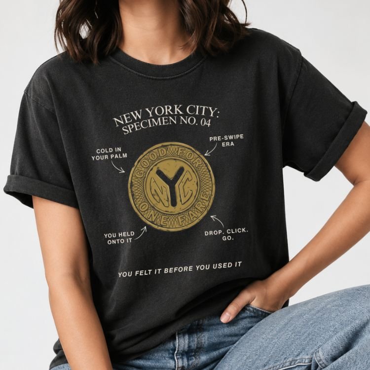 Black t-shirt with a vintage specimen diagram of a gold NYC subway token labeled Specimen No. 04 in white type