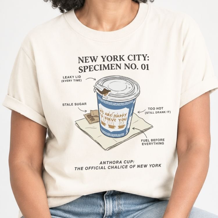 Ivory t-shirt with a vintage specimen diagram of the blue and white Anthora NYC coffee cup labeled Specimen No. 01