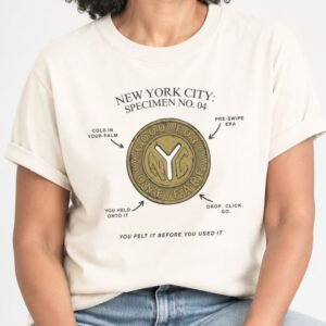 Ivory t-shirt with a vintage specimen diagram of a gold NYC subway token labeled Specimen No. 04 in black type
