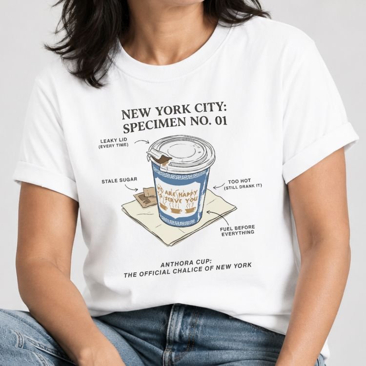 White t-shirt with a vintage specimen diagram of the blue and white Anthora NYC coffee cup labeled Specimen No. 01