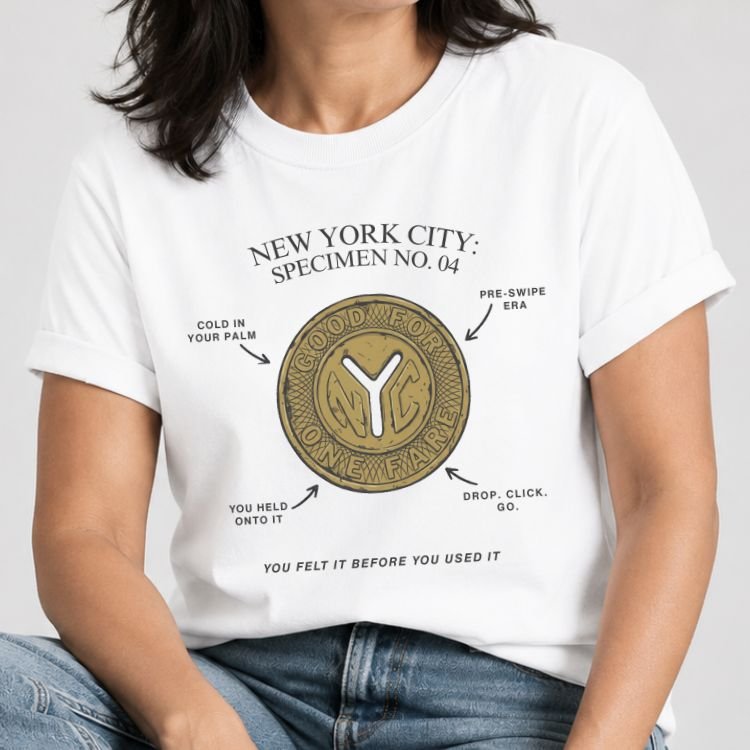 White t-shirt with a vintage specimen diagram of a gold NYC subway token labeled Specimen No. 04 in black type.