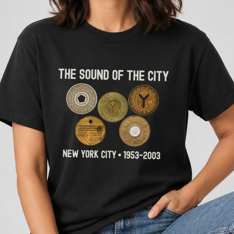 Vintage NYC subway tokens graphic featuring 1953-2003 transit coins printed on a black shirt.