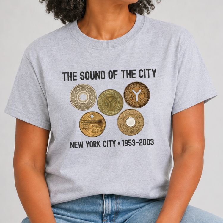 Vintage NYC subway tokens graphic featuring 1953-2003 transit coins printed on a heather grey shirt.