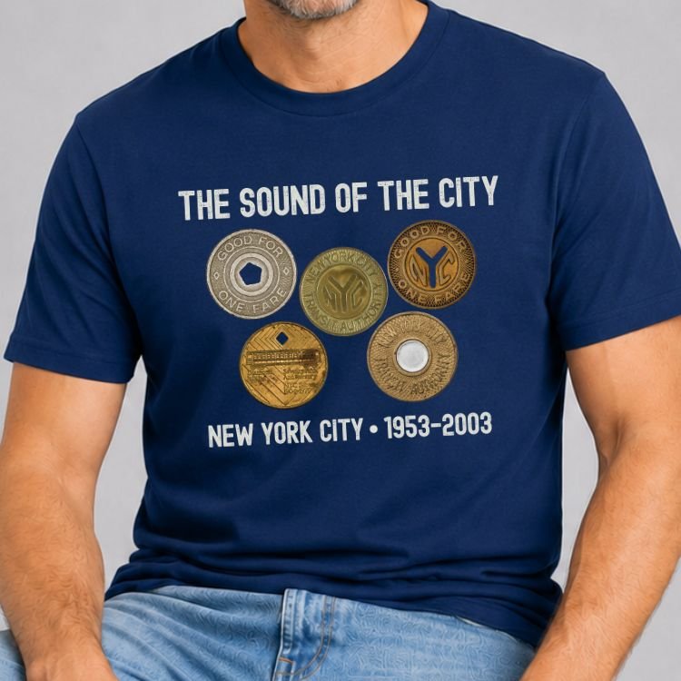 Vintage NYC subway tokens graphic featuring 1953-2003 transit coins printed on a navy shirt.