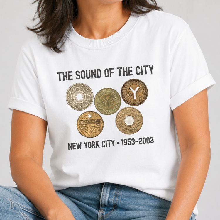 Vintage NYC subway tokens graphic featuring 1953-2003 transit coins printed on a white shirt.
