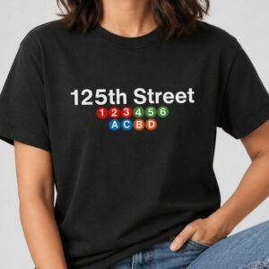 Black t-shirt with 125th Street above colored 1, 2, 3, 4, 5, 6, A, C, B, D, NYC subway train bullets