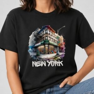 Black t-shirt with a watercolor NYC corner bodega and tenement building above New York in graffiti letters