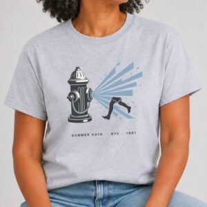 Heather grey t-shirt with an open NYC fire hydrant spraying blue water as a kid runs through, labeled Summer Days NYC 1981
