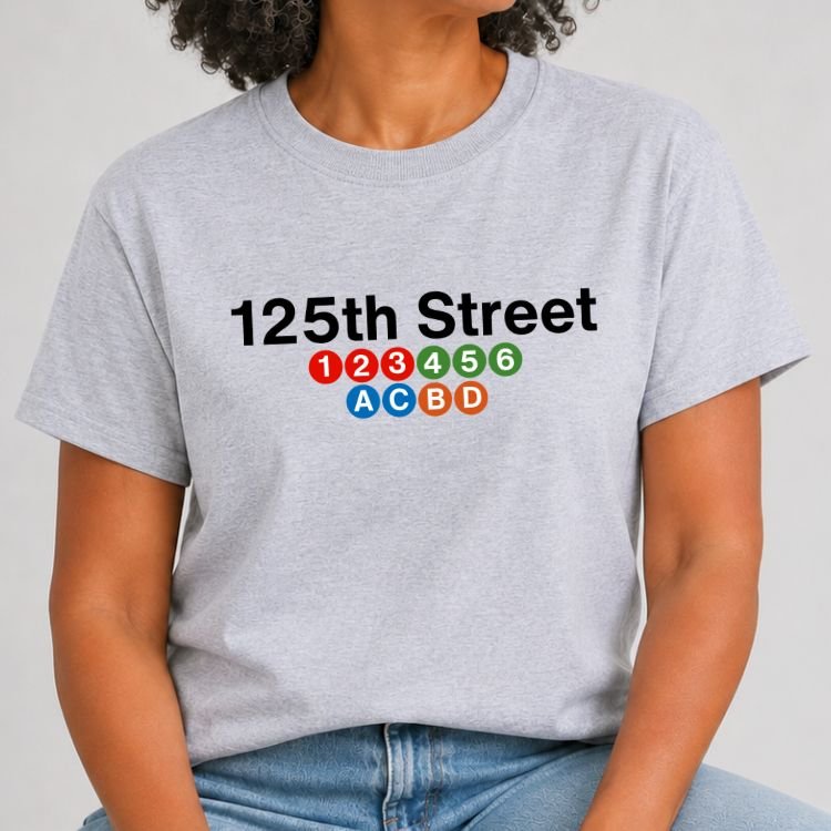 Heather grey t-shirt with 125th Street above colored 1, 2, 3, 4, 5, 6, A, C, B, D, NYC subway train bullets