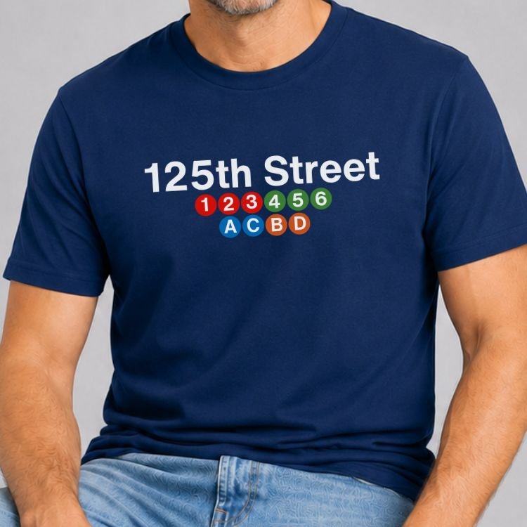 Navy t-shirt with 125th Street above colored 1, 2, 3, 4, 5, 6, A, C, B, D, NYC subway train bullets