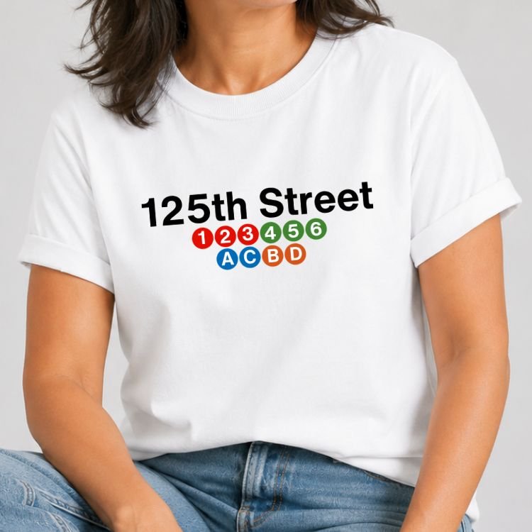 White t-shirt with 125th Street above colored 1, 2, 3, 4, 5, 6, A, C, B, D, NYC subway train bullets