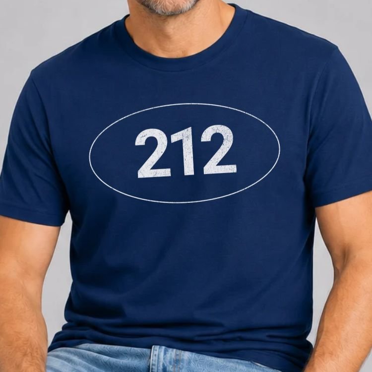 Navy t-shirt with the NYC 212 area code in distressed numbers inside a thin oval sticker design