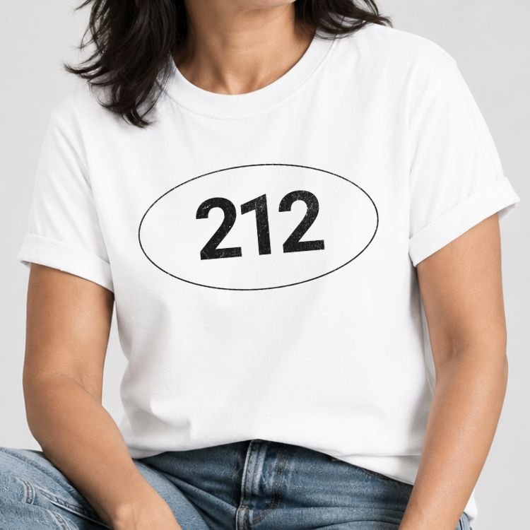 White t-shirt with the NYC 212 area code in distressed numbers inside a thin oval sticker design