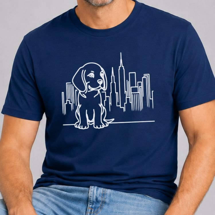Navy t-shirt with black line art of a beagle puppy sitting in front of the NYC skyline and Empire State Building