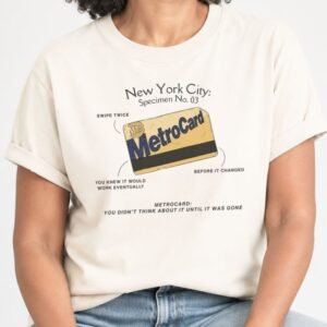 Ivory t-shirt with a vintage specimen diagram of a gold and blue NYC MetroCard labeled Specimen No. 03