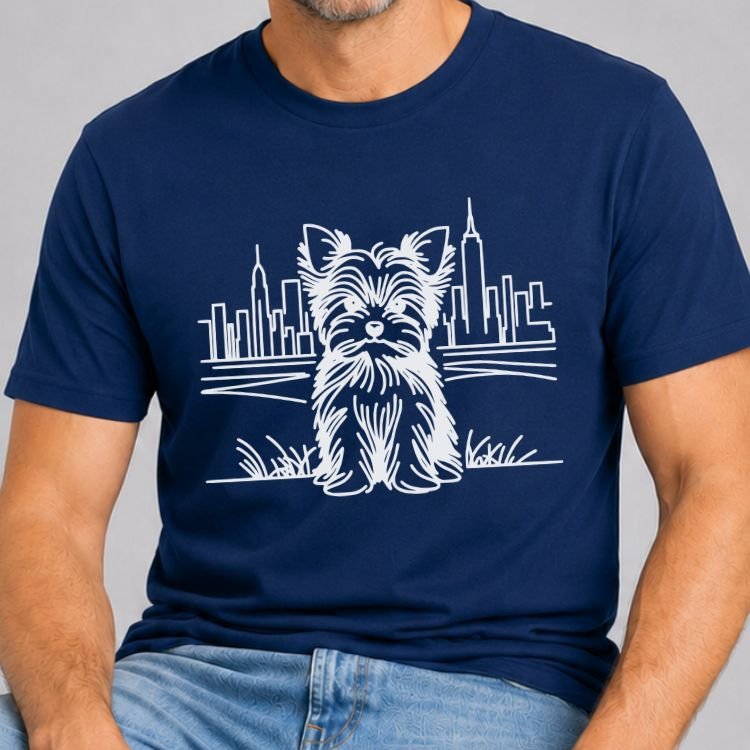 Navy t-shirt with a white line art Yorkshire terrier sitting in grass in front of the NYC skyline and Empire State Building.
